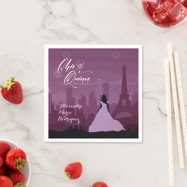 Burgundy Rose Pink Paris Fireworks Quinceañera Napkin (Insitu)