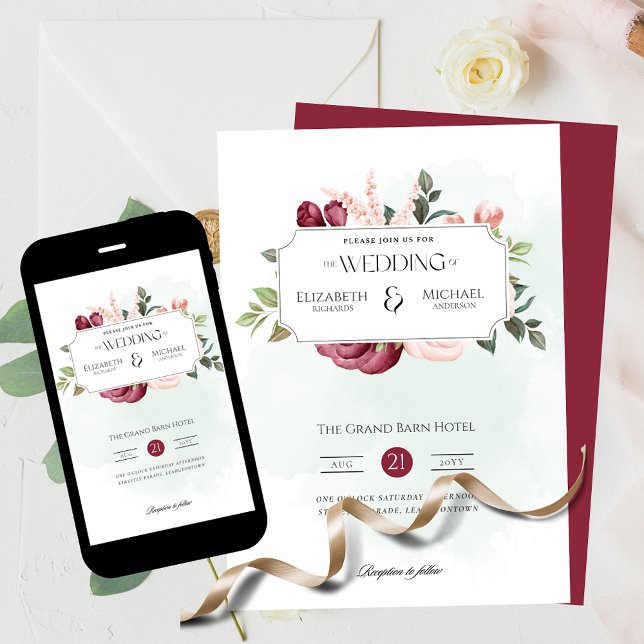 Burgundy Rose Pink Print or Digital Wedding Invita Invitation (Creator Uploaded)