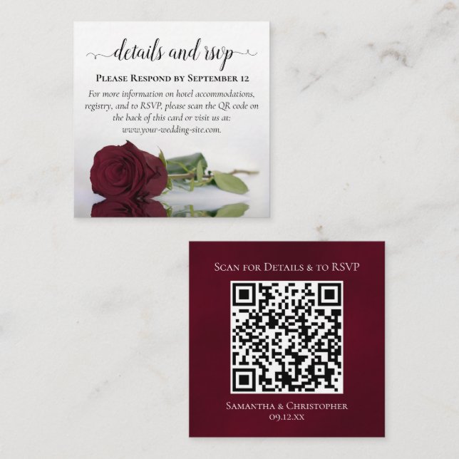 Burgundy Rose Posh Wedding Details & RSVP QR Code Enclosure Card (Front/Back)