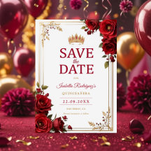 Burgundy Rose Quinceañera Save the Date | Gold Cro