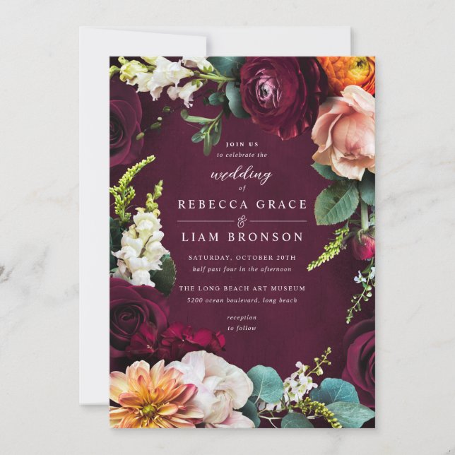 Burgundy Rose Ranunculus Wedding Invitation (Front)