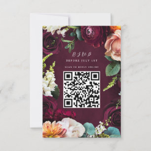 Burgundy Rose Ranunculus Wedding QR Code RSVP Card