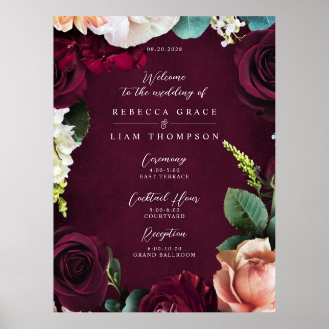 Burgundy Rose Ranunculus Wedding Welcome Poster (Front)