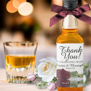 Burgundy Rose Reflections Wedding Thank You Mini Liquor Bottle Label