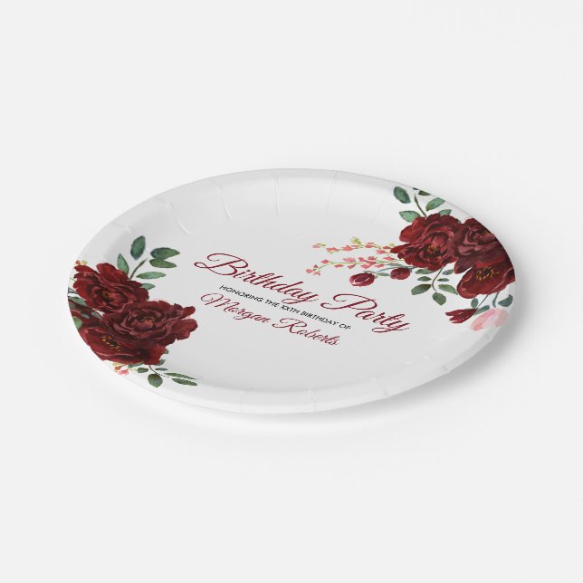 Burgundy Rose Romantic Birthday Party Paper Plate (Angled)