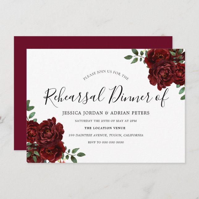 Burgundy Rose Romantic Wedding Rehearsal Dinner Invitation (Front/Back)