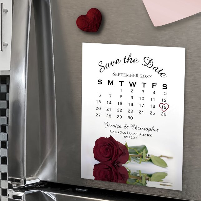 Burgundy Rose Save the Date Calendar Magnet (On Refrigerator)