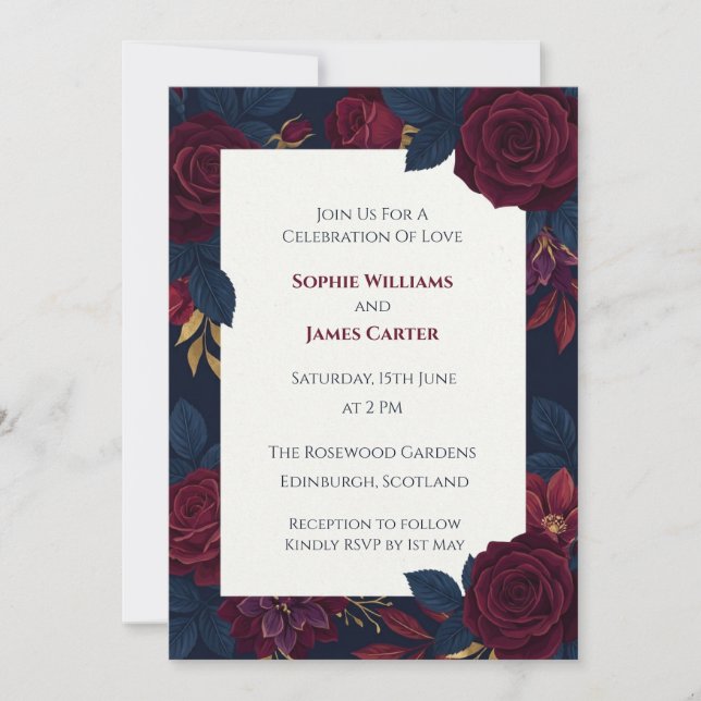 Burgundy Rose Scottish Wedding Invitation (Front)