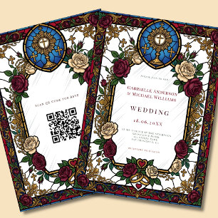 Burgundy Rose Stained Glass Catholic QR Wedding Invitation