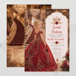 Burgundy Rose Sweet 16 Princess Gold Crown Invitation