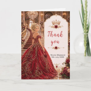 Burgundy Rose Sweet 16 Princess Gold Crown Thank You Card