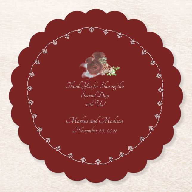 Burgundy Rose Themed  Paper Coaster (Front)