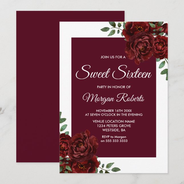 Burgundy Rose White Border Sweet 16 Invite (Front/Back)