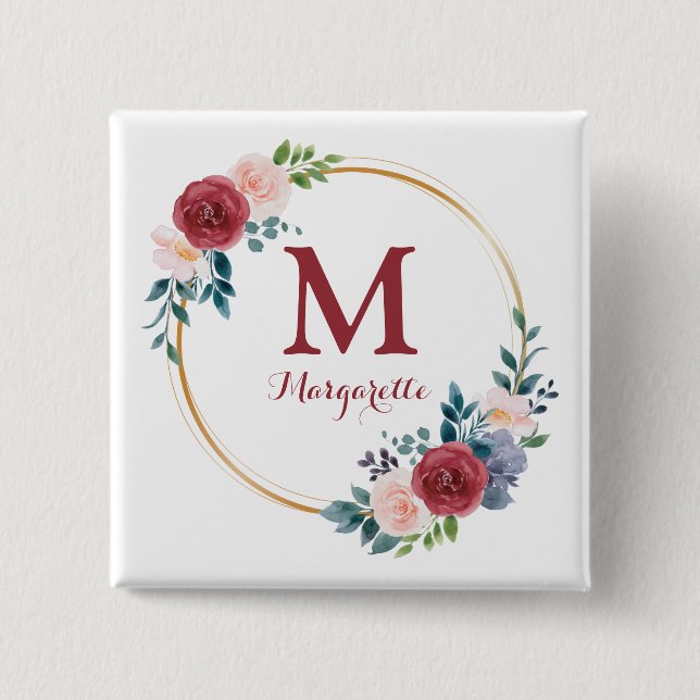 Burgundy Rose Wreath Custom Monogram & Name 2 Inch Square Button (Front)