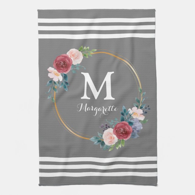 Burgundy Rose Wreath Custom Monogram & Name Kitchen Towel (Vertical)
