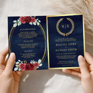 Burgundy Roses All in One QR Code Navy Wedding Invitation