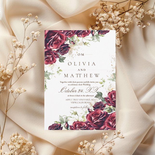 Burgundy Roses and Gold Floral Wedding  Invitation (Creator Uploaded)