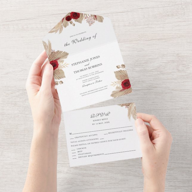 Burgundy Roses and Pampas Grass All in One Invite (Tearaway)