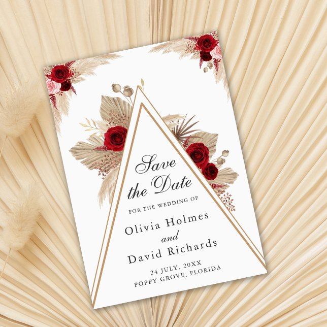 Burgundy Roses and Pampas Grass Save the Date Card (Creator Uploaded)
