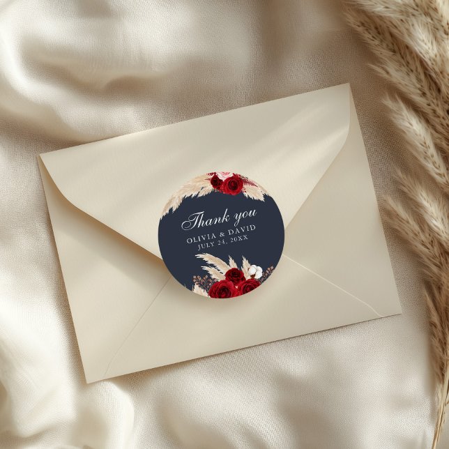 Burgundy Roses and Pampas Grass Thank You Sticker (Burgundy Roses and Pampas Grass Thank You Sticker on an elegant wedding envelope)