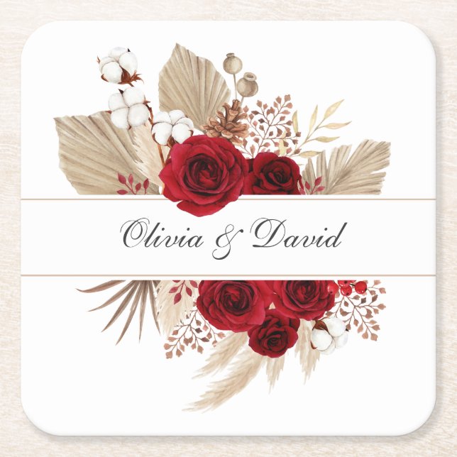 Burgundy Roses and Pampas Grass Wedding Square Paper Coaster (Front)