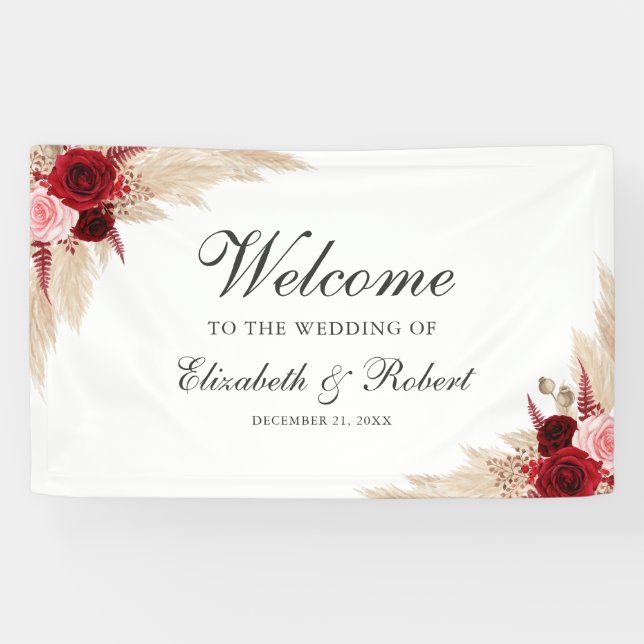 Burgundy Roses and Pampas Grass Welcome Wedding Banner (Horizontal)