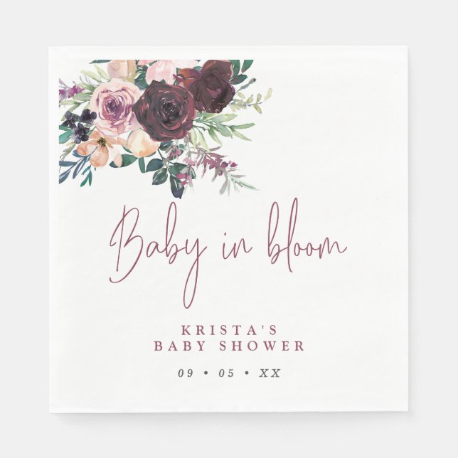 Burgundy Roses Baby In Bloom Baby Shower Napkin (Front)