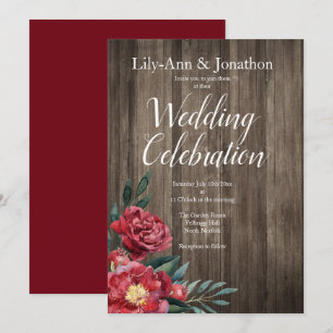 Burgundy Roses Barn Wood Rustic Wedding Invitation