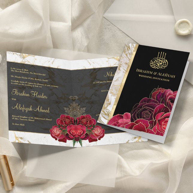 Burgundy Roses Black Gold Marble Muslim Wedding Invitation (Creator Uploaded)