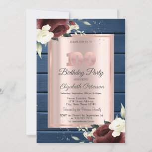 Burgundy Roses,Blue Wood Rose Gold 100th Birthday  Invitation