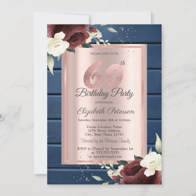 Burgundy Roses,Blue Wood Rose Gold 60th Birthday Invitation (Front)
