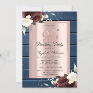Burgundy Roses,Blue Wood Rose Gold 90th Birthday Invitation