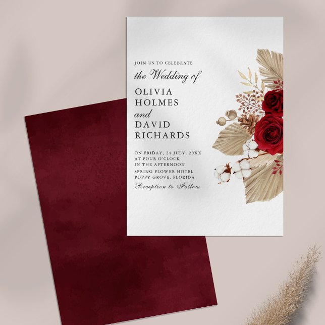 Burgundy Roses & Cotton Flowers Wedding Invitation (Burgundy Roses and Cotton Flowers Wedding Invitation on a table.)