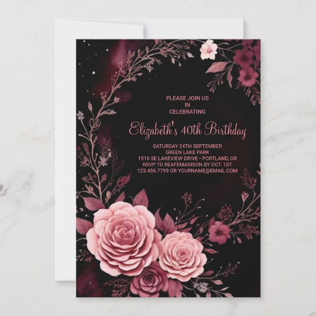 Burgundy Roses Custom 40th Birthday Invitation (Front)