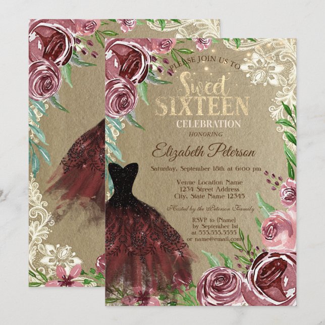 Burgundy Roses, Dress,Lights,Lace Sweet 16 Party  Invitation (Front/Back)