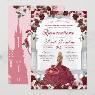 Burgundy Roses Elegant Charro Princess Quinceañera Invitation