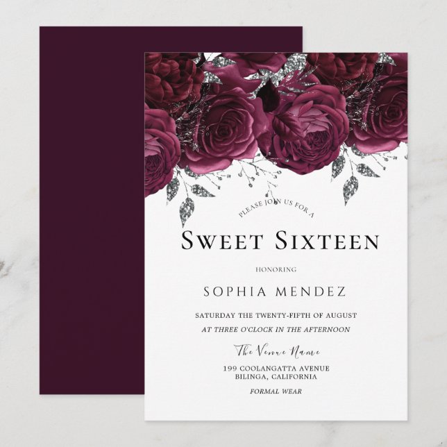 Burgundy Roses Elegant Sweet 16 Party Invitation (Front/Back)