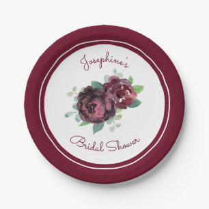 Burgundy Roses Floral Bridal Shower Paper Plate