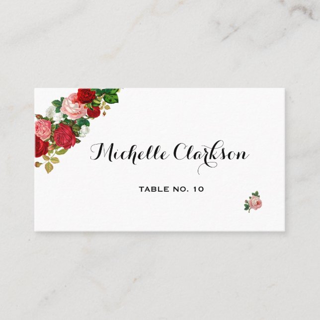 Burgundy Roses Floral Garland Flower Wedding Place Card (Front)