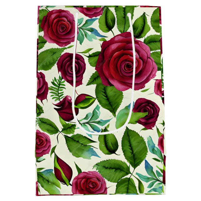 Burgundy Roses Floral Print Medium Gift Bag (Back)