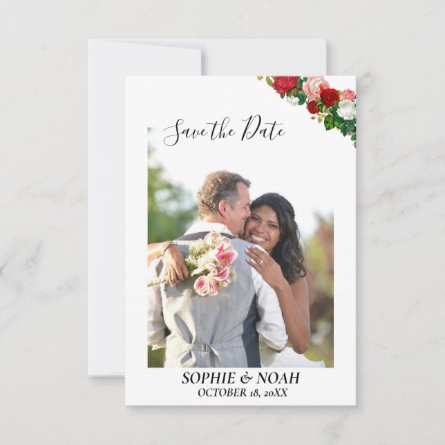 Burgundy Roses Floral Wreath Photo Save the Date (Front)