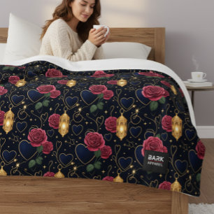 Burgundy Roses & Gold Lanterns Sherpa Blanket