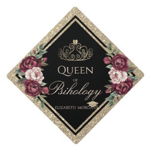 Burgundy Roses Gold Tiara Glitter Graduation Cap