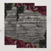 Burgundy Roses Grey Wood Black Lace Wedding