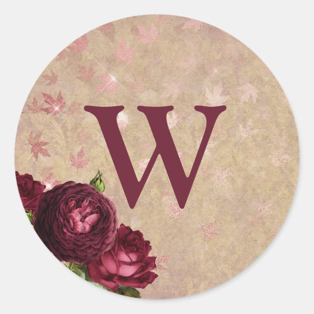 Burgundy Roses Initial Monogram Stickers Seals (Front)