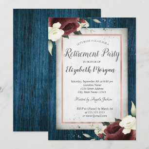 Burgundy Roses,Navy Blue Wood Retirement Invitation