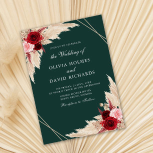Burgundy Roses on Emerald Green Wedding Invitation