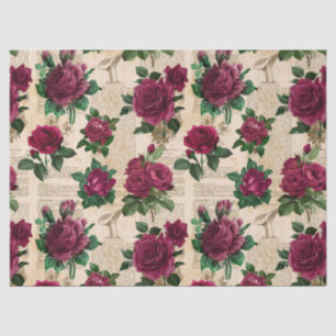 Burgundy Roses on Vintage Newsprint Decoupage Tissue Paper