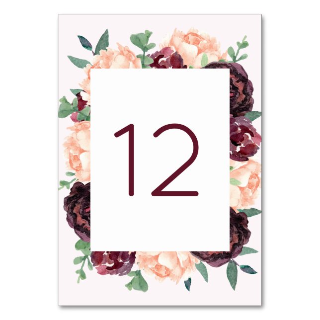 Burgundy Roses Peach Peony Table Number Cards (Front)