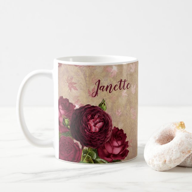 Burgundy Roses Personalized Coffee Mug Cup Rose (With Donut)
